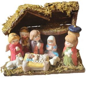 Vintage 9pc Children Nativy Set with Wood Creche